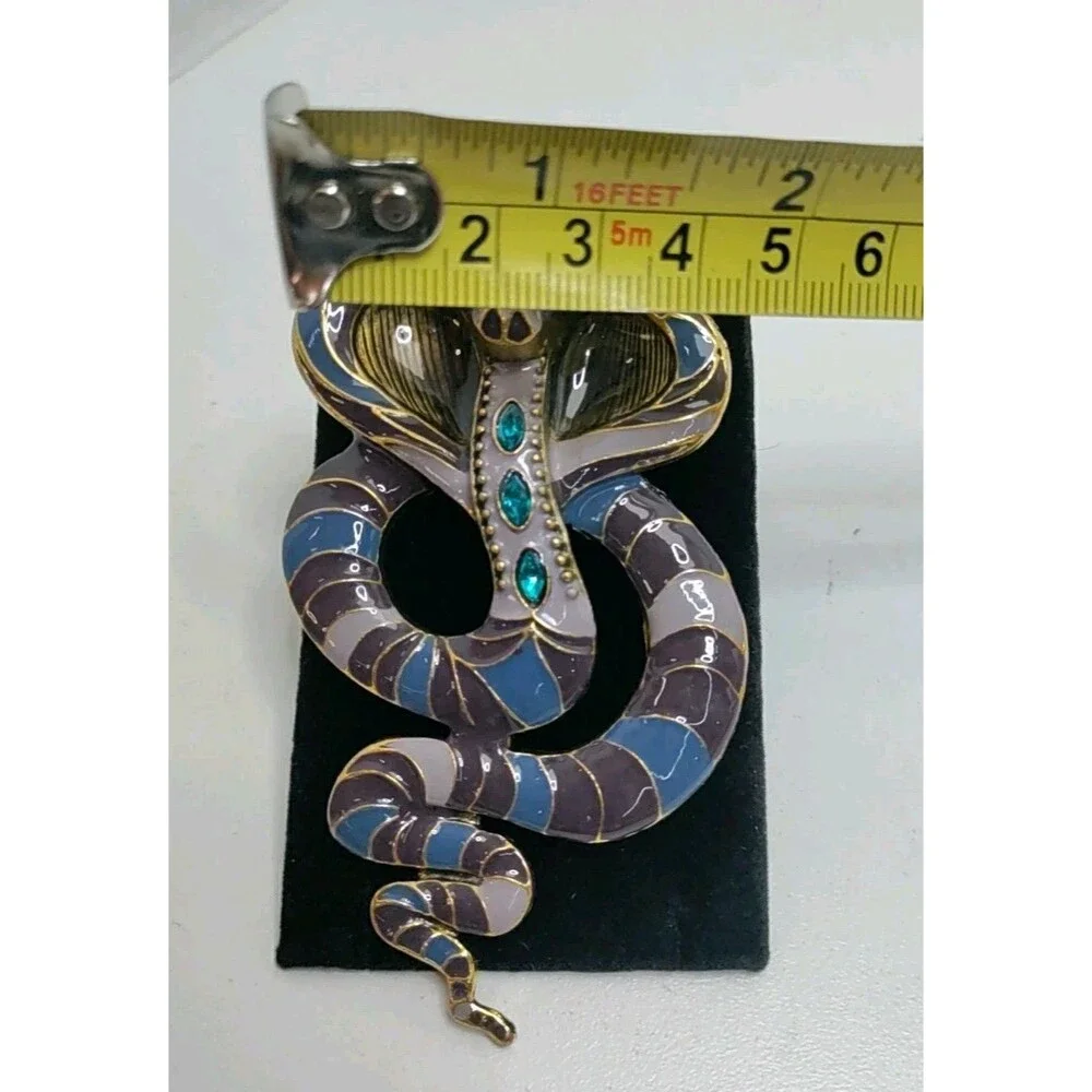King Cobra Snake Brooch  4” Blue & Gold Tone Cobra Snake Enamel Rhinestone NEW